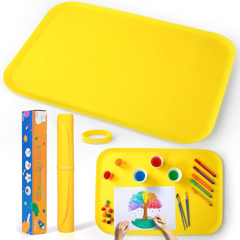 AtMini Store Silicone Craft Mats for Kids 24"x16"– with Raised Lip & Non-Slip | Reusable Silicone Art Mat for Play Sand, Painting, DIY Crafts | Durable Design (Yellow) - Image 1